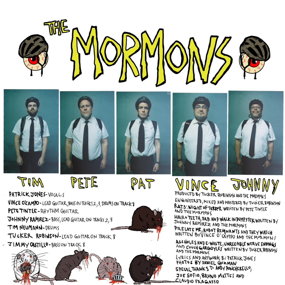 Album insert for 'The Mormons' featuring four color photos of men in a white shirt, black tie, and black vest, along with stylized illustrations of rats. The text lists the band members' names and song credits.