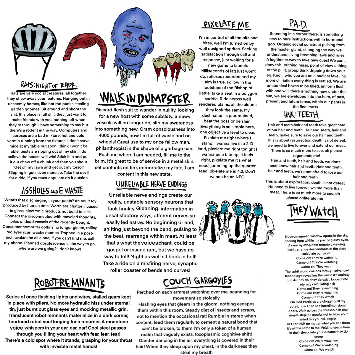 A square graphic print or poster featuring a collage of humorous, slang-based definitions and quotes for words and phrases, with a central illustration of a blue and red wolf head. The text includes definitions for some songs on the album.