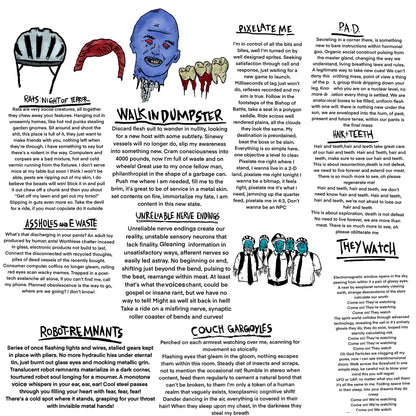 A square graphic print or poster featuring a collage of humorous, slang-based definitions and quotes for words and phrases, with a central illustration of a blue and red wolf head. The text includes definitions for some songs on the album.