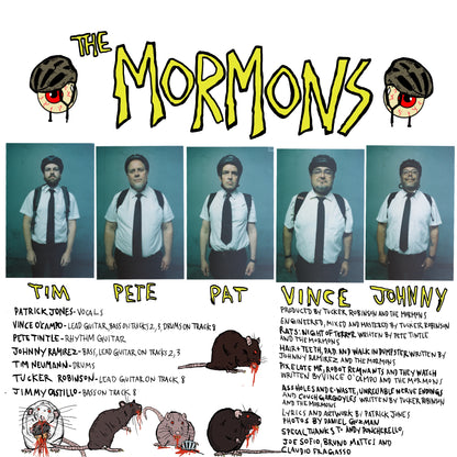 Album insert for 'The Mormons' featuring four color photos of men in a white shirt, black tie, and black vest, along with stylized illustrations of rats. The text lists the band members' names and song credits.